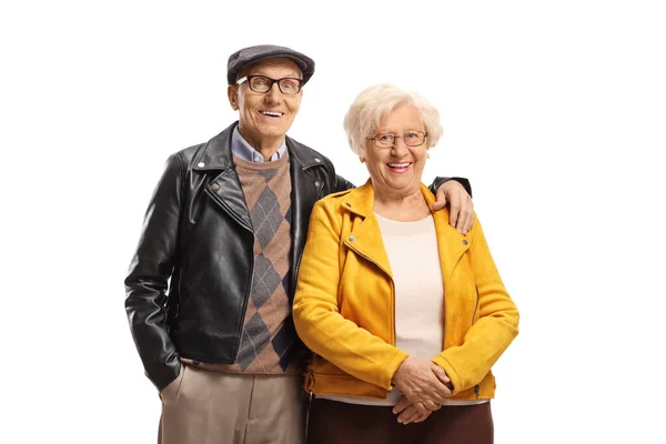 Casal Idosos Usando Jaquetas Couro Isolado Fundo Branco — Fotografia de Stock