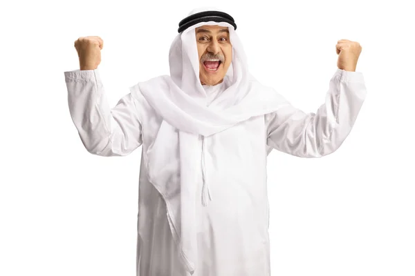 興奮したアラブ人男とともに身に着けているDisdasaとジェスチャー幸せ隔離された白い背景 — ストック写真