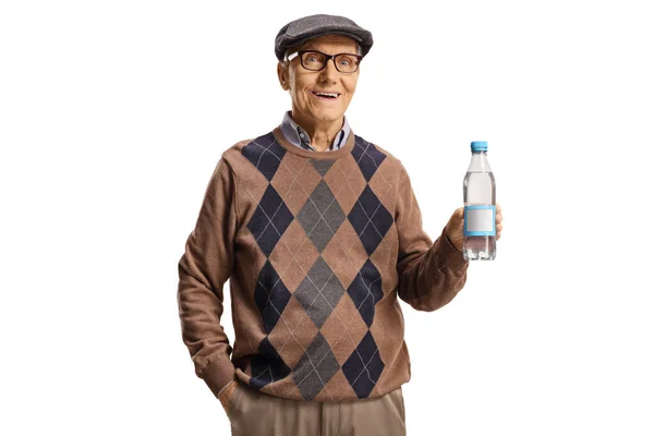 Uomo Anziano Possesso Una Bottiglia Plastica Acqua Isolata Sfondo Bianco — Foto Stock