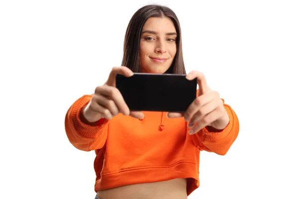 Mujer Joven Moda Tomando Una Foto Con Teléfono Celular Aislado — Foto de Stock