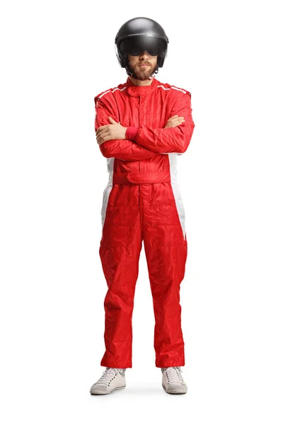 Full Length Portrait Racer Red Suit Black Helmet Isolated White — Stock Photo, Image