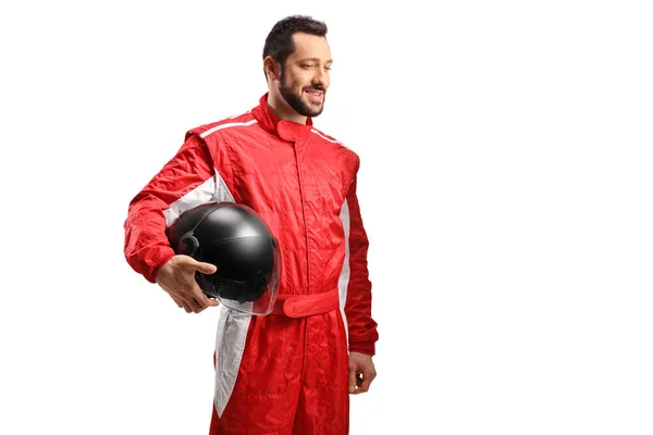 Glimlachende Racer Een Rood Pak Met Een Zwarte Helm Kijken — Stockfoto