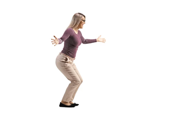 Full Length Profile Shot Happy Young Woman Waiting Arms Wide — Stock Photo, Image