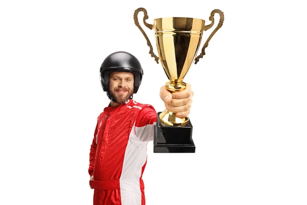 Yarışçı Elinde Altın Bir Kupa Beyaz Arka Planda Izole Edilmiş — Stok fotoğraf