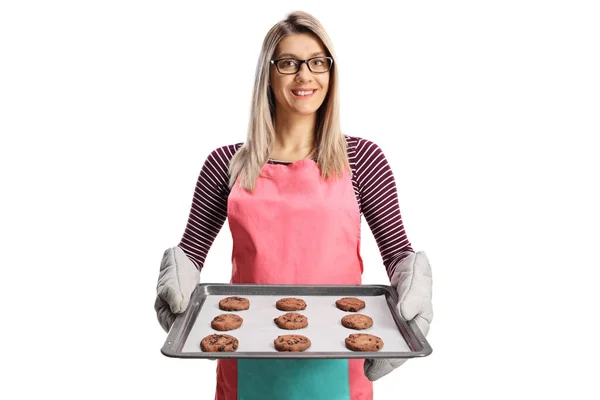 Young Woman Apron Holding Tray Baked Cookies Isolated White Background — Stock Photo, Image