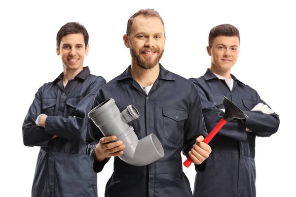 Three Plumbers Uniforms Holding Working Tools Isolated White Background — Stock Photo, Image