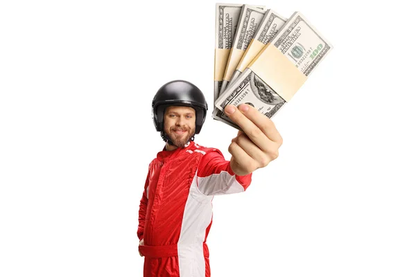 Racer Segurando Pilhas Dinheiro Sorrindo Isolado Fundo Branco — Fotografia de Stock