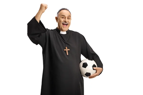 Feliz Partidario Del Fútbol Sacerdote Sosteniendo Una Pelota Animando Aislado —  Fotos de Stock