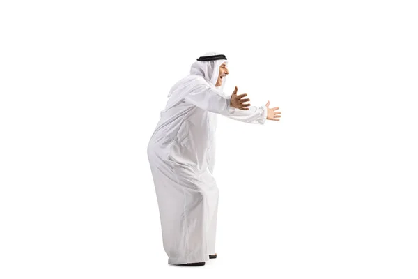 Full Length Profil Záběr Arabského Muže Čeká Rukama Široce Otevřené — Stock fotografie