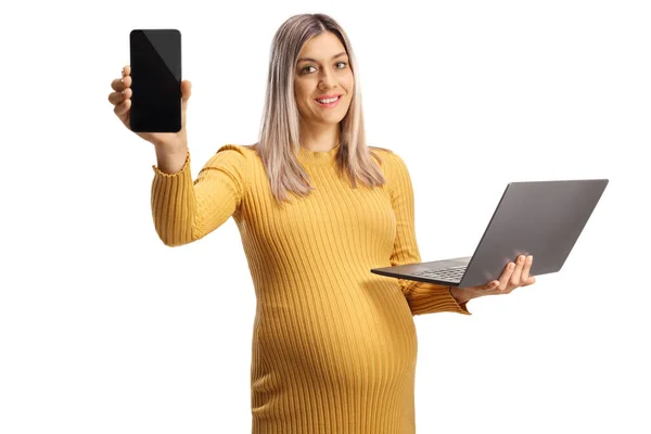 Mulher Grávida Segurando Computador Portátil Smartphone Isolado Fundo Branco — Fotografia de Stock