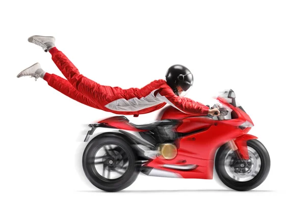 Racer Flyger Och Håller Röd Motorcykel Isolerad Vit Bakgrund — Stockfoto