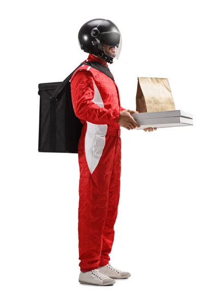 Racer Met Een Helm Leveren Pizza Voedsel Een Papieren Zak — Stockfoto