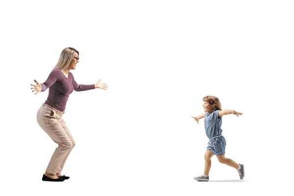 Perfil Longitud Completa Niño Corriendo Hacia Madre Aislado Sobre Fondo — Foto de Stock