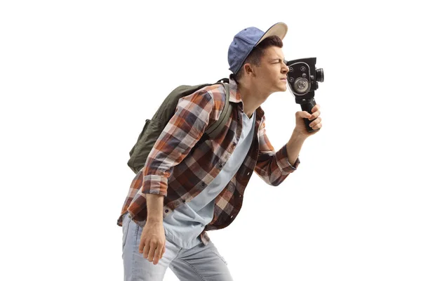 Student Mit Einem Rucksack Aufnahme Mit Einer Alten Kamera Isoliert — Stockfoto