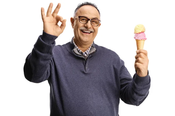 Happy Mature Man Holding Ice Cream Cone Gesturing Good Isolated — Stock Photo, Image