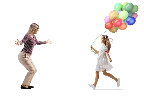 Full Length Profile Shot Girl Balloons Running Her Mother Isolated — Stock Photo, Image