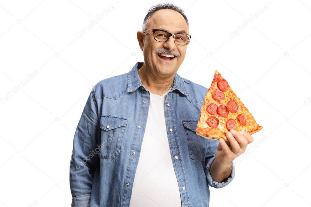 Happy mature man holding a slice of pepperoni pizza and smiling isolated on white background