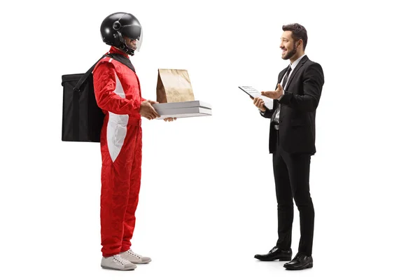 Entrega Cara Com Capacete Entregando Pizza Para Homem Negócios Isolado — Fotografia de Stock