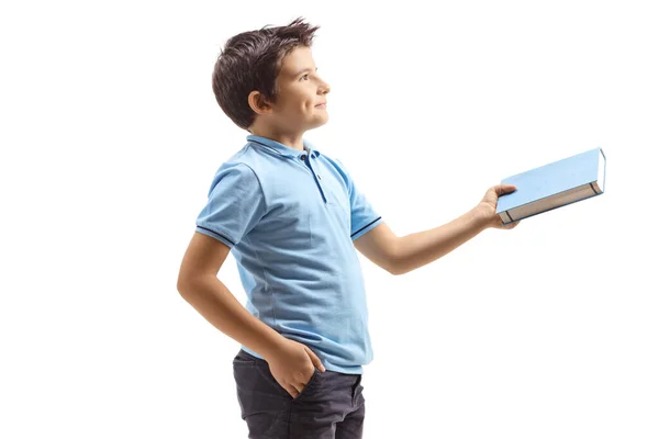 Profile Shot Boy Giving Book Isolated White Background — Stock Photo, Image