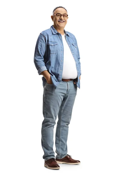 Full Length Portrait Mature Man Wearing Denim Shirt Jeans Isolated — Stock Photo, Image