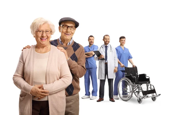 Elderly Couple Health Care Workers Back Isolated White Background — Stock Photo, Image