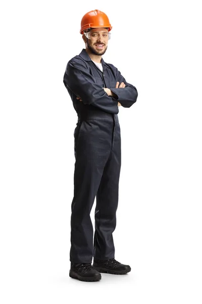 Full Length Shot Male Worker Uniform Helmet Posing Isolated White — ストック写真