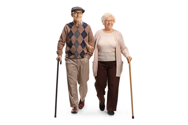 Full Length Portrait Elderly Man Woman Walking Canes Camera Isolated — ストック写真