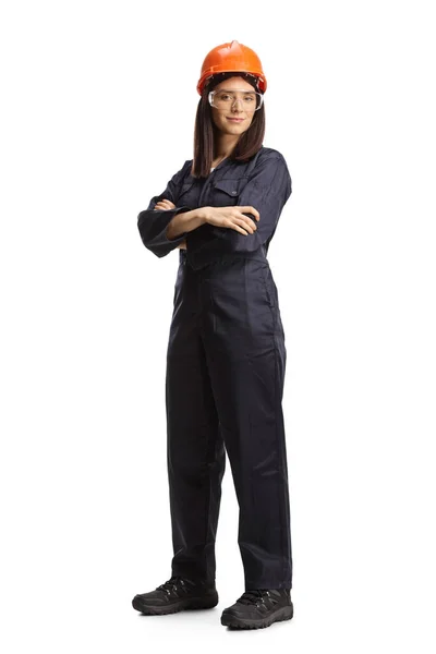 Full Length Shot Female Worker Uniform Wearing Helmet Goggles Posing — Stock Photo, Image