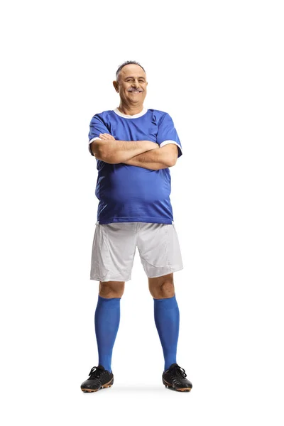 Full Längd Porträtt Mogen Man Fotboll Jersey Poserar Isolerad Vit — Stockfoto