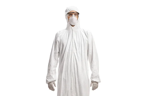 白いハズマットのスーツとマスクの男は白い背景に隔離された — ストック写真