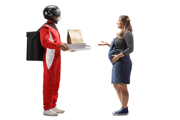 Repartidor Con Casco Entregando Pizza Comida Una Mujer Embarazada Aislada — Foto de Stock