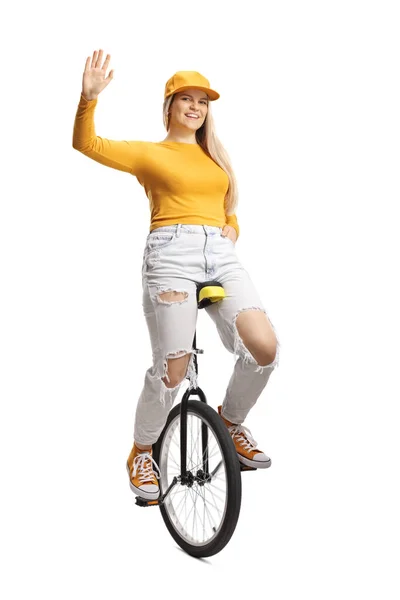 Молодая Женщина Одноколесном Велосипеде Машет Перед Камерой Белом Фоне — стоковое фото