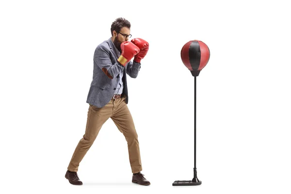 Man Formal Clothes Punching Free Standing Boxing Bag Isolated White — ストック写真