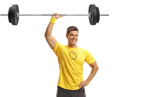 Fit Man Lifting Weigths One Hand Isolated Whie Background — ストック写真