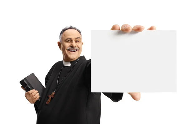 Priest Showing Blank Card Holding Bible Isolated White Background — Stock Photo, Image