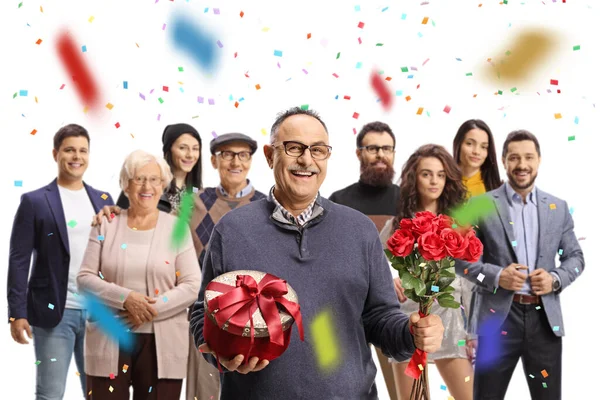 Mature Man Holding Red Roses Gift Box Family Friends Isolated — ストック写真