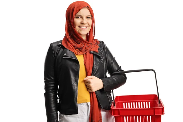 Young Female Hijab Holding Empty Shopping Basket Isolated White Background — стоковое фото