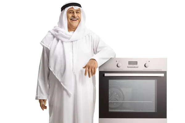 Mature Arab Man Leaning Built Oven Smiling Isolated White Background — 스톡 사진