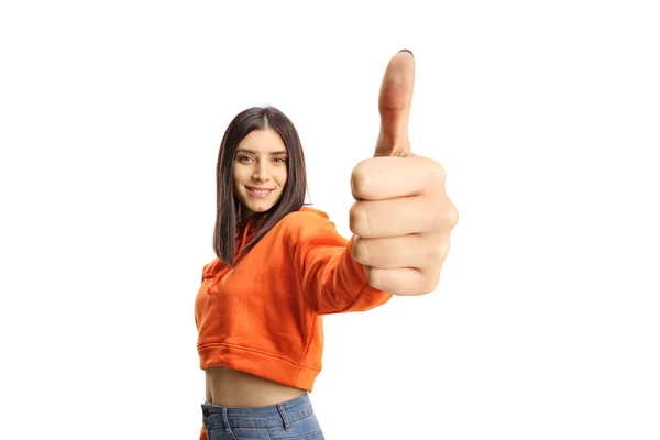 Young Female Orange Sweatshirt Showing Thumbs Isolated White Background — стоковое фото