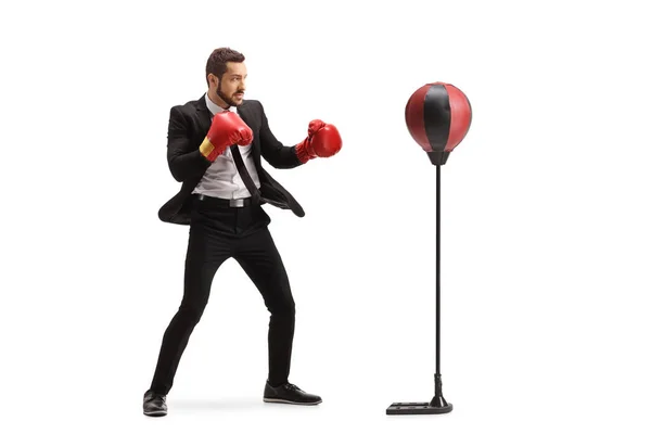 Full Length Shot Businessman Boxing Gloves Exercising Free Standing Punch — стоковое фото