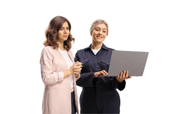 Young Woman Looking Laptop Computer Female Worker Uniform Isolated White — Foto de Stock