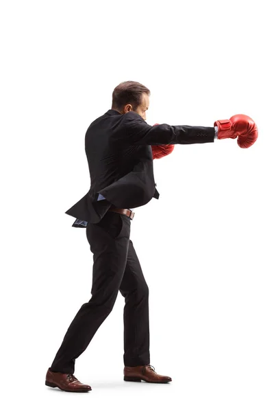 Empresario Perforando Con Guantes Boxeo Aislados Sobre Fondo Blanco — Foto de Stock