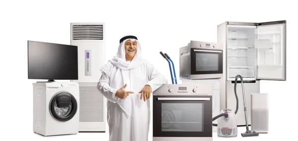 Maduro Árabe Homem Com Eletrodomésticos Apontando Isolado Branco Fundo — Fotografia de Stock