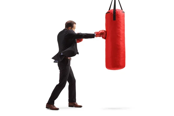 Empresários Perfurando Saco Boxe Pendurado Isolado Fundo Branco — Fotografia de Stock