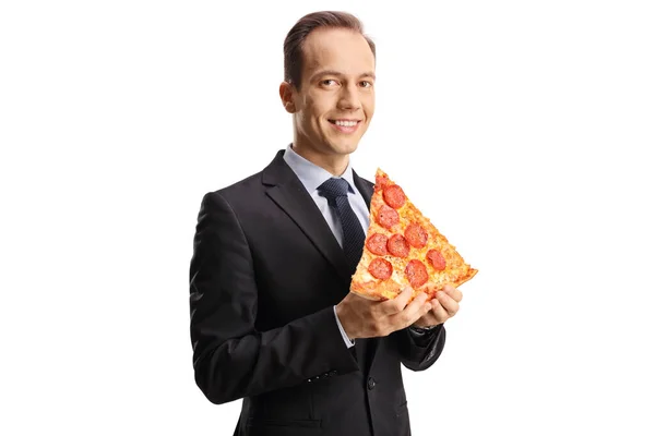 Empresário Segurando Uma Fatia Pizza Pepperoni Olhando Para Câmera Isolada — Fotografia de Stock