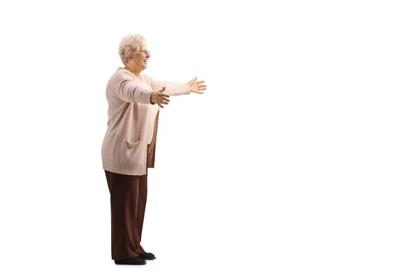 Full Length Profile Shot Happy Elderly Woman Waiting Arms Wide — Stock Photo, Image