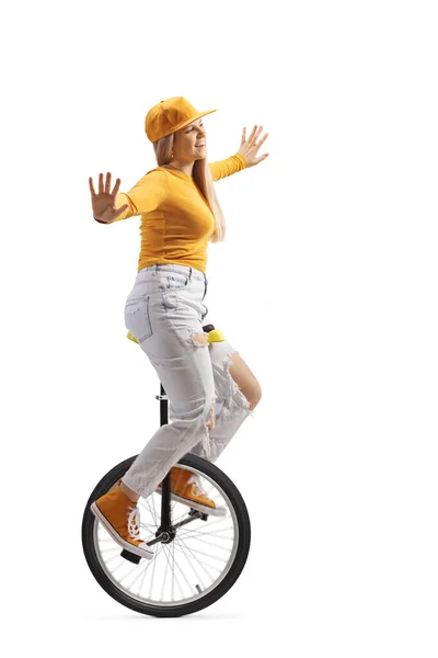 Tiro Lateral Comprimento Total Uma Jovem Fêmea Montando Monociclo Isolado — Fotografia de Stock
