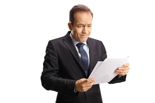 Shocked Businessman Looking Document Isolated White Background — стоковое фото