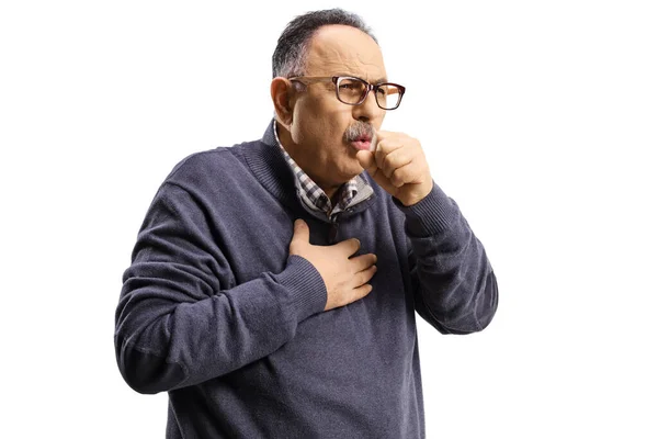 Mature Man Caughing Holding His Chest Isolated White Background — Stock Photo, Image