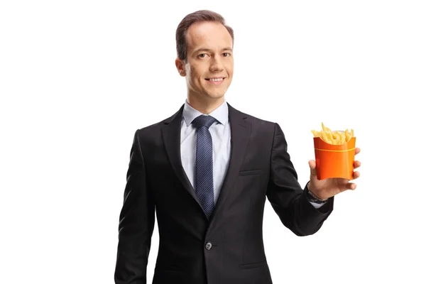 Affärsman Som Håller Pommes Frites Och Ler Isolerad Vit Bakgrund — Stockfoto